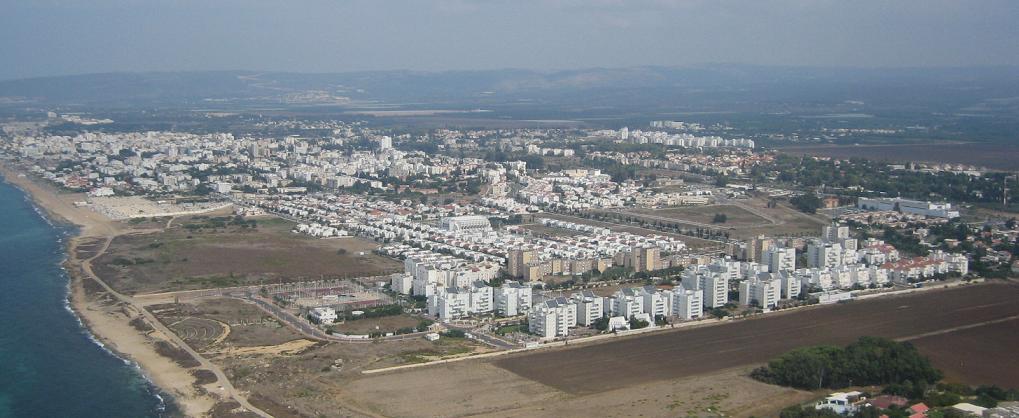 Aerial view of Nahariya’s coastline, beaches, and residential neighbourhoods.