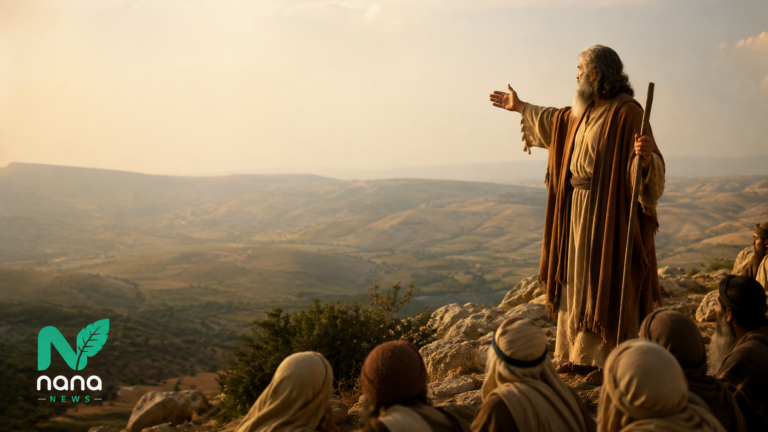 Moses standing on a rocky hillside overlooking the Land of Israel, addressing the Children of Israel as they prepare to enter the Promised Land.